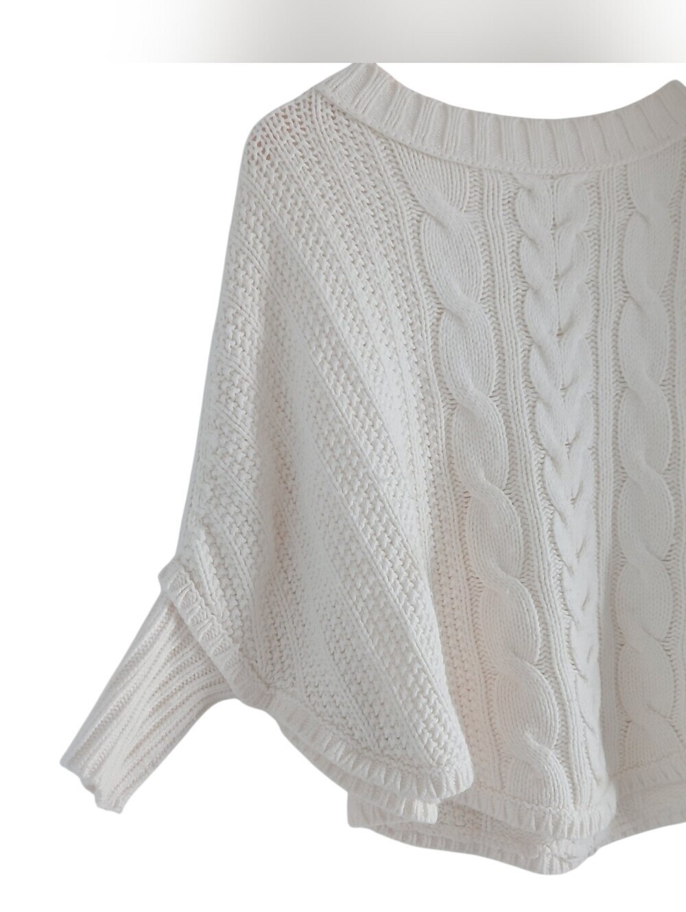 LOFT Cream Cable-Knit Poncho Sweater Pullover With Cap Sleeves Cotton Blend SXP